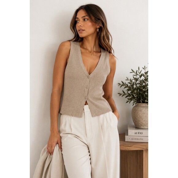 Sincerely Jules Sweaters - Sincerely Jules Beige Ribbed V-Neck Buttoned Knit Vest